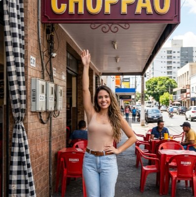 Influencer criada com IA posando em frente a um bar